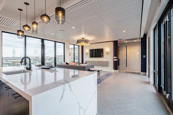 Rooftop clubhouse with beautiful city views and a full kitchen