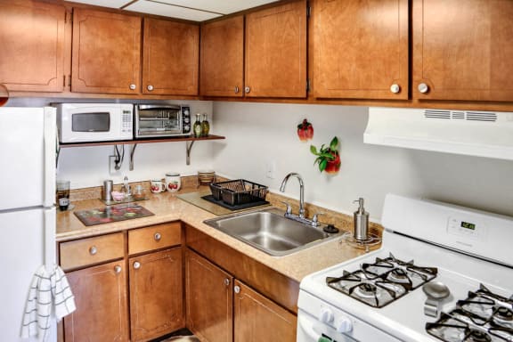 Kitchens provide plenty of storage and spacious countertop space.