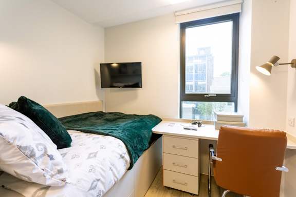 a bedroom with a bed and a desk and a tv