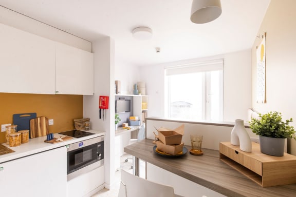 a kitchen with a counter top and a window