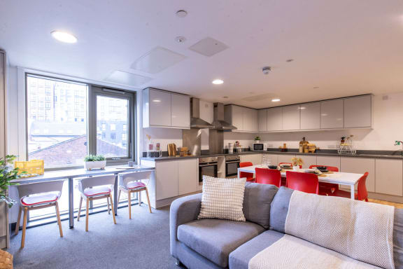 a living room with a kitchen and a couch