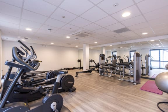 a gym with various machines and weights on a wooden floor