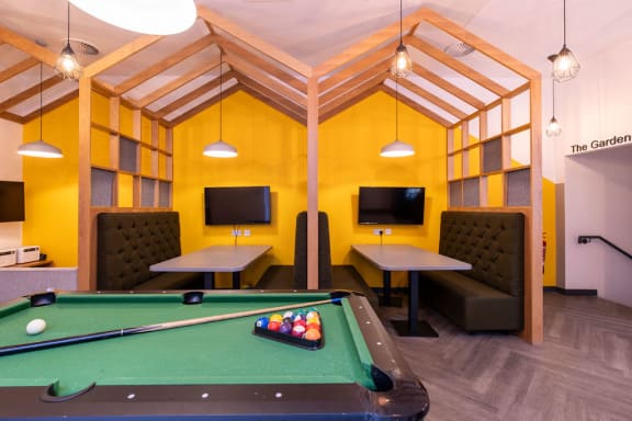 a games room with a pool table and tv
