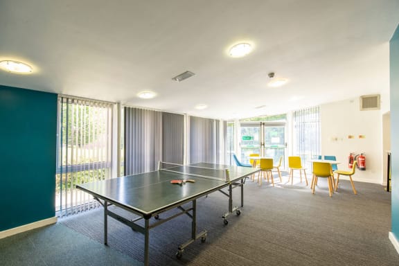 a room with a ping pong table
