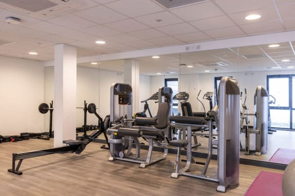 a gym with various machines and weights in a room