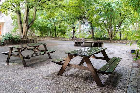 Picnic tables and benches are set up in a green park.