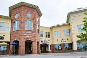 A brick building with a sign that says "Webster Woods Professional Offices" in front of it.