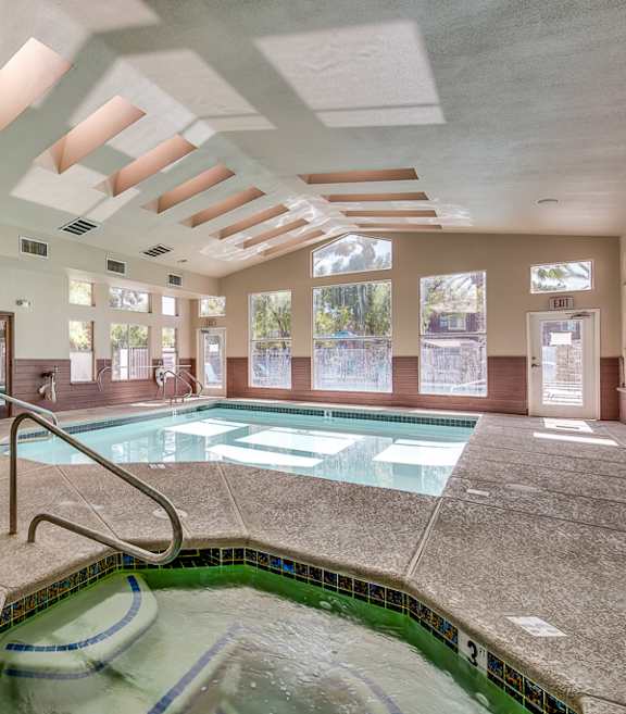 a indoor pool with a tub and a shower in a hotel room