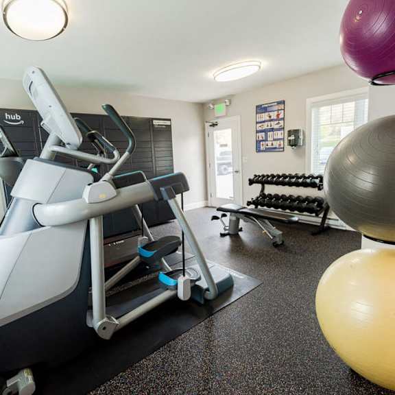 A gym with a treadmill, exercise balls, and weights.