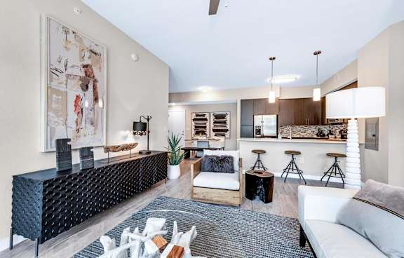  Open concept living room with ceiling fan