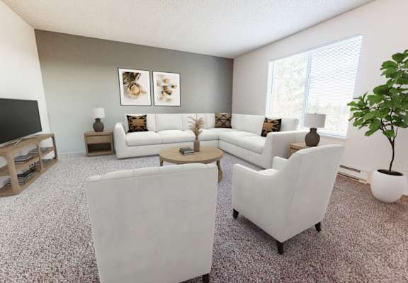 Living room with white couch at Arbor Pointe, Lakewood, WA