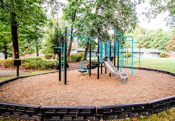 A playground with a slide, swings, and a teeter-totter.