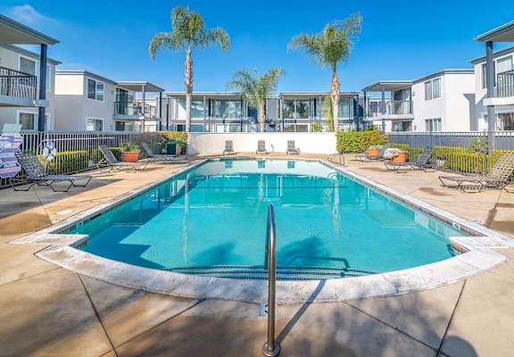 a swimming pool with palm trees in the background