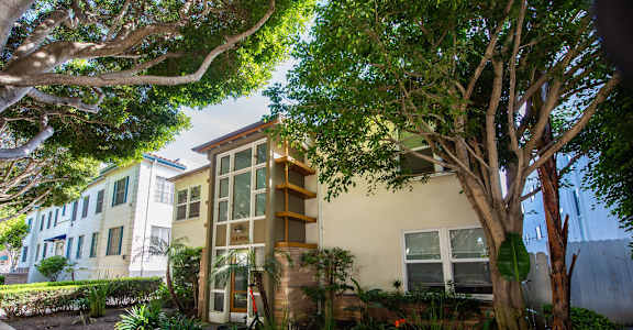 A tree is in front of a building with a white door.