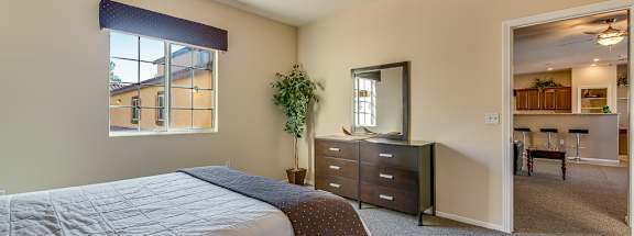 A bedroom with a large bed and a dresser with a mirror.