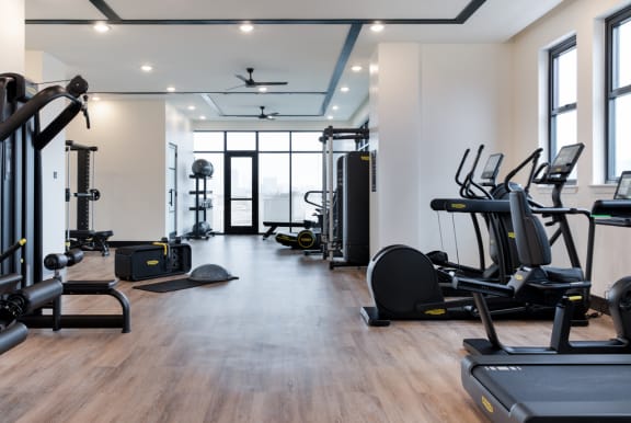 a gym with cardio equipment and weights