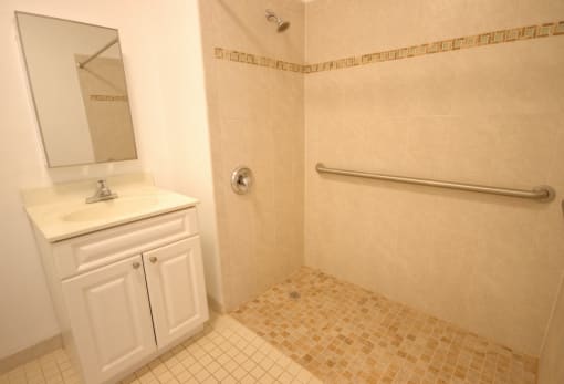 Bathroom with white cabinet, white checkered tiles and handicap shower
