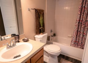 Northlake Apartments Jacksonville, Florida bathroom with tub and wood-inspired flooring