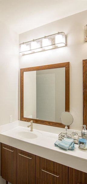 a bathroom with a sink and a shower and a mirror