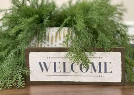 A wooden sign with the word "WELCOME" on it is in front of some greenery.