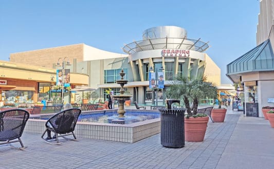 an aerial view of a swimming pool and buildings