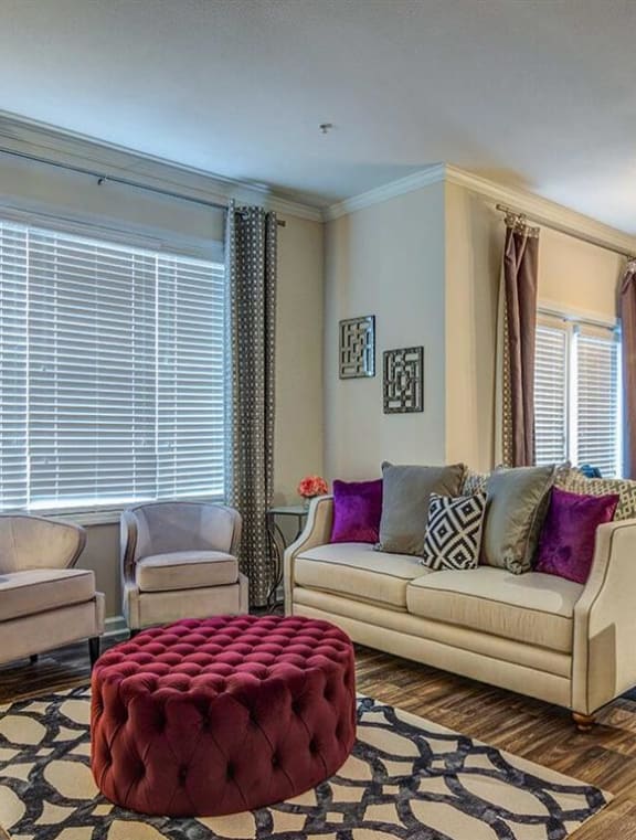 Wood-style flooring throughout a furnished model apartment at Manchester Place Apartments