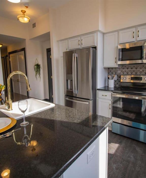 a kitchen with stainless steel appliances and black counter tops