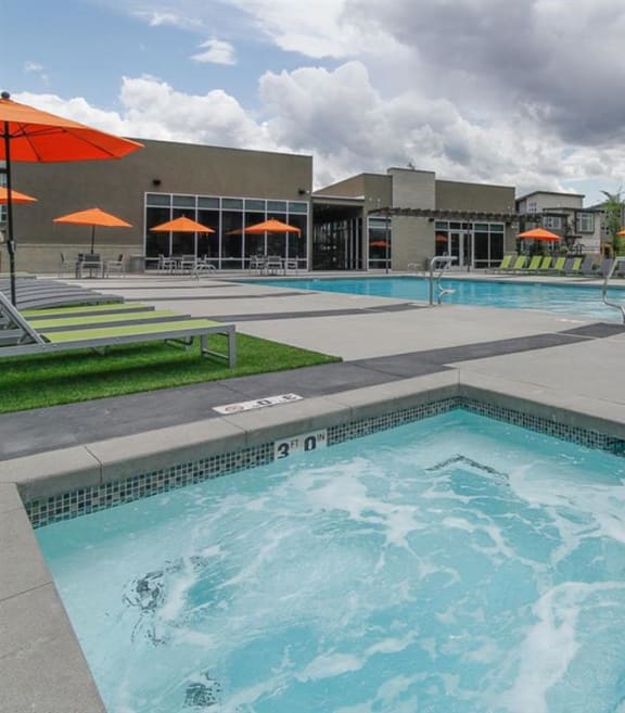 Blue Cool Swimming Pool with Chairs and Umbrellas
