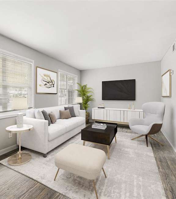 Spacious Living room with TV at Pinewood Townhomes, Tucker, 30084