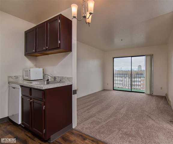 A view of the empty carpeted living room with a window and the kitchen with white appliances and wooden large cabinets at the Outlook Apartment Homes. 