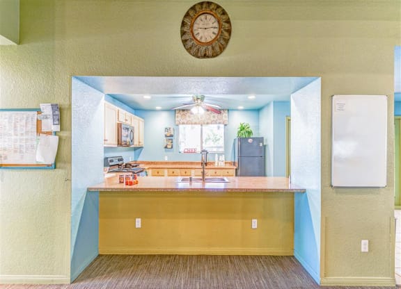 Community kitchen of Country Club at Valley View Senior Apartments in Las Vegas, NV, For Rent. Now leasing 1 and 2 bedroom apartments.