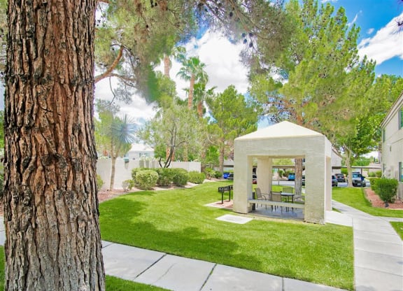 Gazebo with BBQ at Country Club at Valley View Senior Apartments in Las Vegas, NV, For Rent. Now leasing 1 and 2 bedroom apartments.