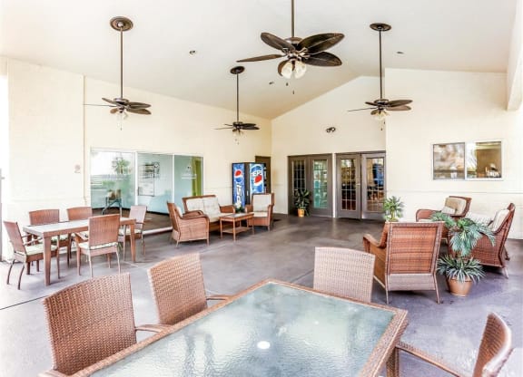 Cool outdoor patio of Country Club at Valley View Senior Apartments in Las Vegas, NV, For Rent. Now leasing 1 and 2 bedroom apartments.