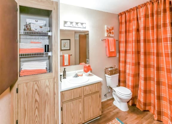 Excellent bathroom storage of Country Club at Valley View Senior Apartments in Las Vegas, NV, For Rent. Now leasing 1 and 2 bedroom apartments.