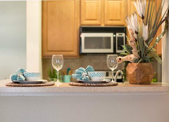 The breakfast bar is the perfect spot for morning coffee or casual dinner.