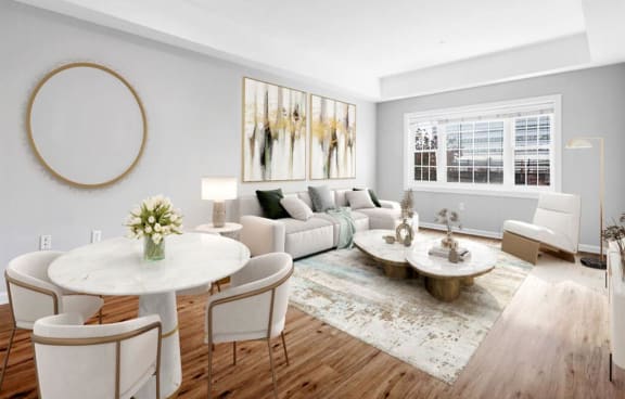 a living room with a couch and a table