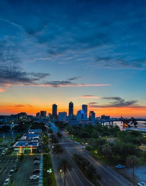 a view of the city skyline at sunset at Vista Brooklynn Apartments, Jacksonville, Florida