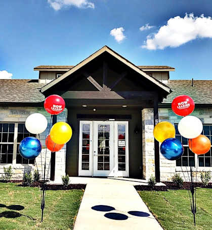 our yard is decorated with balloons for a birthday party