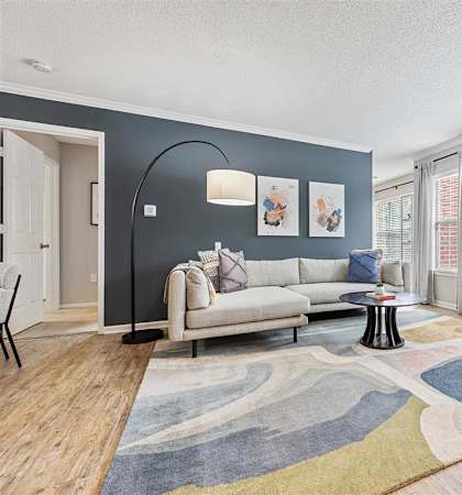 A living room with a grey couch and a blue rug. at Vista Commons Apartments, South Carolina