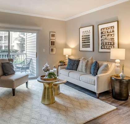 a living room with a couch and chairs and a rug