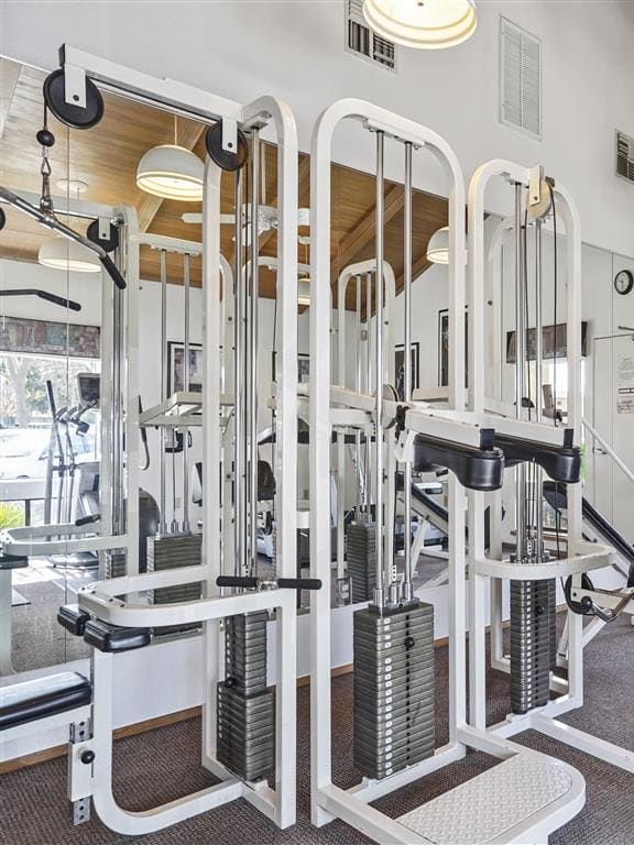 White cable machines in fitness room, Parkside Apartments, 95616