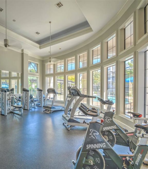 the gym has plenty of cardio equipment and windows at The Atlantic Mansfield, Mansfield, Texas