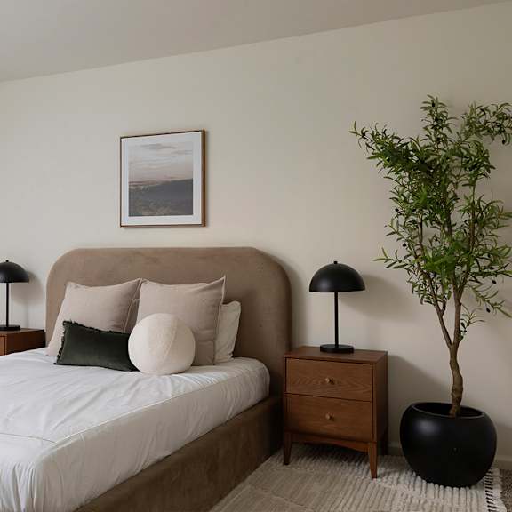 A bedroom with a large bed, two lamps, a potted plant, and a framed picture on the wall.