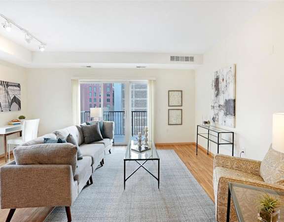 A living room with a grey rug and a grey couch.
