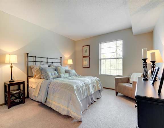 a bedroom with a bed and a couch  at Mallard Ridge, Maple Grove, MN, 55369