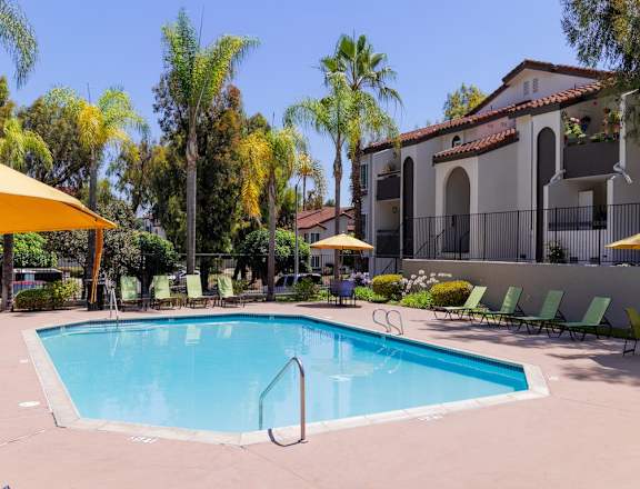 A swimming pool surrounded by palm trees and lounge chairs.