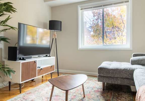 A living room with a television, a lamp, a window, a couch, and a coffee table.