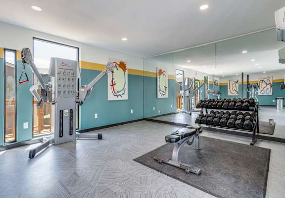 A gym with a weight bench, a mirror, and a weight machine.