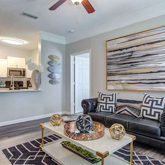 living room with ceiling fan