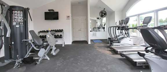 a home gym with weights and cardio equipment